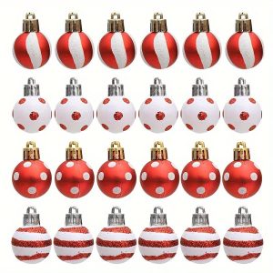 Goodsright Decor 24-Pack Mini Christmas Ornaments, 1.18-Inch Plastic Painted Baubles In Red & White, Holiday Tree Decorations, Festive Hanging Xmas Tree Accessories With Glitter Detail