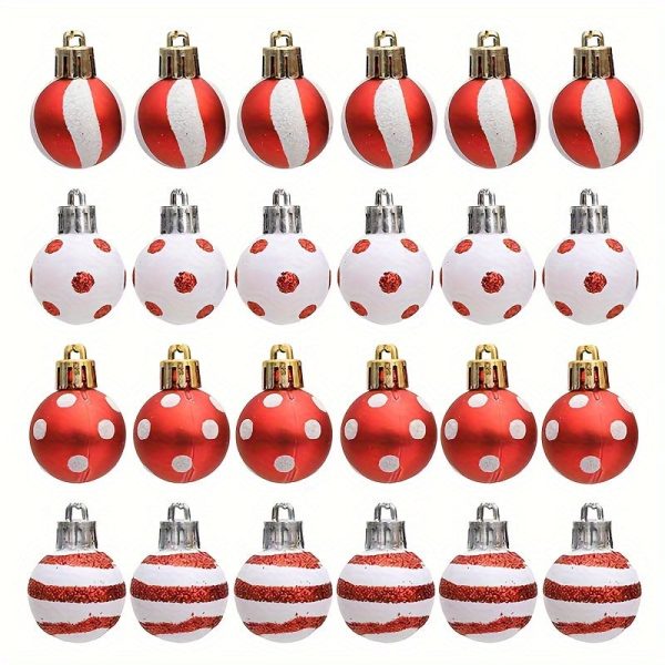 Goodsright Decor 24-Pack Mini Christmas Ornaments, 1.18-Inch Plastic Painted Baubles In Red & White, Holiday Tree Decorations, Festive Hanging Xmas Tree Accessories With Glitter Detail