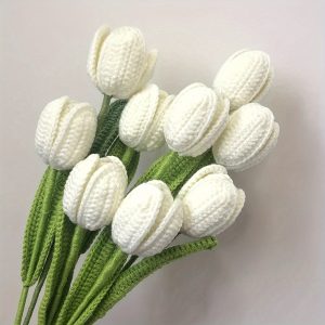 Goodsright Decor 6pcs Contemporary Style Crocheted Tulips - Handmade Artificial Flower Bouquet with Stems and Leaves, Decorative Faux Floral Arrangement for Home and Table Decor