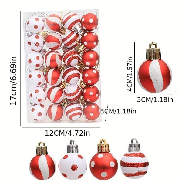 Goodsright Decor 24-Pack Mini Christmas Ornaments, 1.18-Inch Plastic Painted Baubles In Red & White, Holiday Tree Decorations, Festive Hanging Xmas Tree Accessories With Glitter Detail