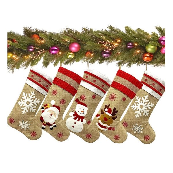 Goodsright Decor 5pcs Christmas Socks, Family Parties, Large Burlap Cartoon Christmas Socks, Home Decoration, Rural Farmhouse Stockings, Set Of Christmas Decorations, Scene Decor, Room Decor, Home Decor, Holiday Party Decor, Christmas Decor