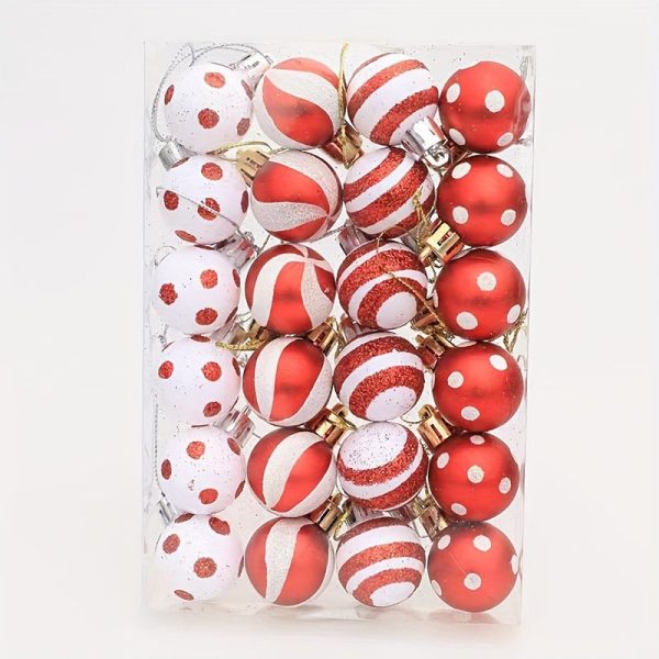 Goodsright Decor 24-Pack Mini Christmas Ornaments, 1.18-Inch Plastic Painted Baubles In Red & White, Holiday Tree Decorations, Festive Hanging Xmas Tree Accessories With Glitter Detail