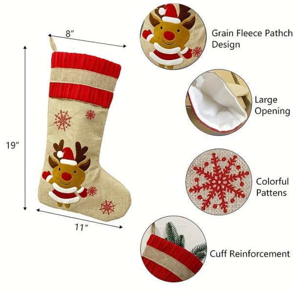 Goodsright Decor 5pcs Christmas Socks, Family Parties, Large Burlap Cartoon Christmas Socks, Home Decoration, Rural Farmhouse Stockings, Set Of Christmas Decorations, Scene Decor, Room Decor, Home Decor, Holiday Party Decor, Christmas Decor