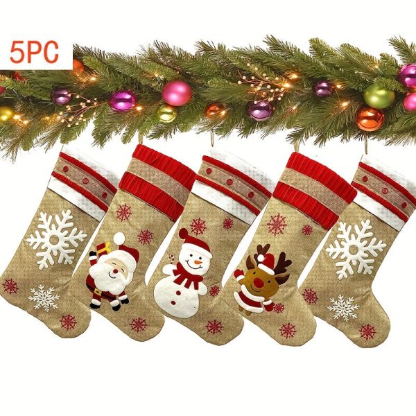 Goodsright Decor 5pcs Christmas Socks, Family Parties, Large Burlap Cartoon Christmas Socks, Home Decoration, Rural Farmhouse Stockings, Set Of Christmas Decorations, Scene Decor, Room Decor, Home Decor, Holiday Party Decor, Christmas Decor