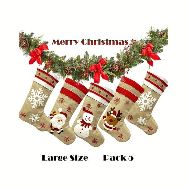Goodsright Decor 5pcs Christmas Socks, Family Parties, Large Burlap Cartoon Christmas Socks, Home Decoration, Rural Farmhouse Stockings, Set Of Christmas Decorations, Scene Decor, Room Decor, Home Decor, Holiday Party Decor, Christmas Decor