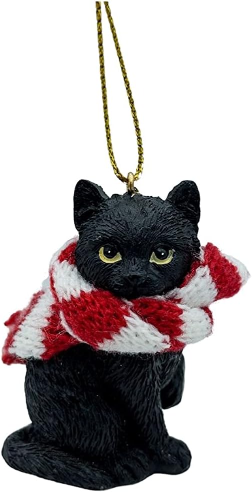 Goodsright Decor Black Longhair Tabby Kitty Cat Christmas Tree Ornament with Candy Cane Scarf