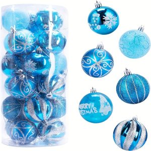 Goodsright Decor Christmas Balls Ornaments, 24pcs 6 Kinds of Patterns Shatterproof Christmas Tree Decorations, 6cm Small Christmas Ball Ornaments for Xmas Tree Holiday Wedding Party Decoration - Blue