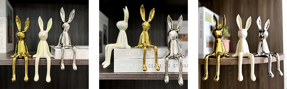 Different combinations of gold, silver and white bunny decorations