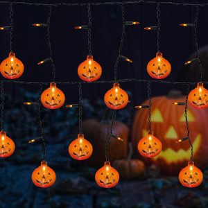 Goodsright Decor Halloween Pumpkin Lights, 7Ft Pumpkin String Lights with 10 Mini Jack-O-Pumpkins & 25 Mini Orange Halloween Theme Lights for Indoor/Outdoor, Wedding, Bedroom, Home, Window, Halloween Decorations