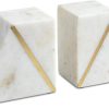 Goodsright Decor Marble Book Ends for Shelves, Decorative Bookends for Heavy Books, Unique Mid Century Modern White and Gold Bookends with Brass Inlay, Heavy Duty Bookshelf Stopper, Set of 2
