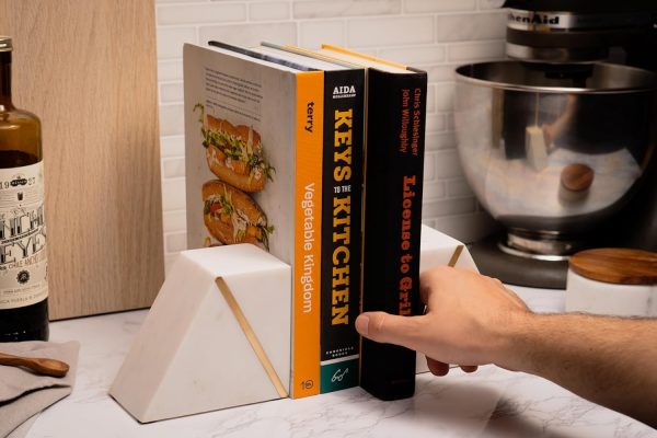 Goodsright Decor Marble Book Ends for Shelves, Decorative Bookends for Heavy Books, Unique Mid Century Modern White and Gold Bookends with Brass Inlay, Heavy Duty Bookshelf Stopper, Set of 2
