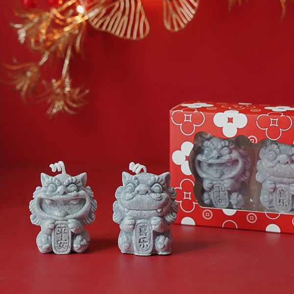 Goodsright Decor 1set New Year Aromatherapy Candle Gift Box Fragrance Bridesmaid Gift Creative Handmade Gift Chinese Popular Traditional Lion Shape Wax
