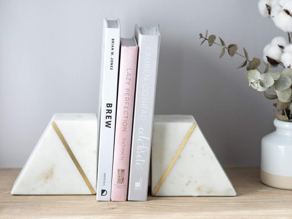 Goodsright Decor Marble Book Ends for Shelves, Decorative Bookends for Heavy Books, Unique Mid Century Modern White and Gold Bookends with Brass Inlay, Heavy Duty Bookshelf Stopper, Set of 2