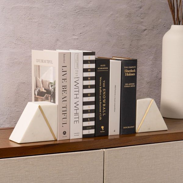 Goodsright Decor Marble Book Ends for Shelves, Decorative Bookends for Heavy Books, Unique Mid Century Modern White and Gold Bookends with Brass Inlay, Heavy Duty Bookshelf Stopper, Set of 2