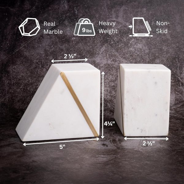 Goodsright Decor Marble Book Ends for Shelves, Decorative Bookends for Heavy Books, Unique Mid Century Modern White and Gold Bookends with Brass Inlay, Heavy Duty Bookshelf Stopper, Set of 2