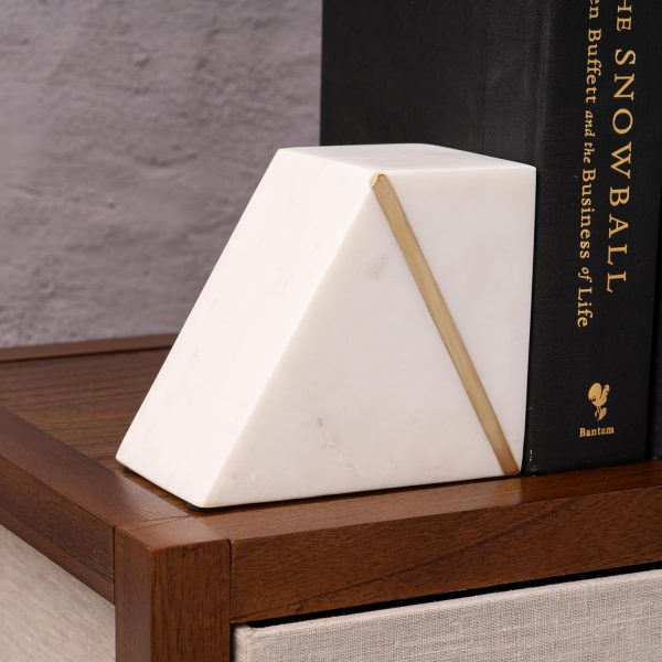 Goodsright Decor Marble Book Ends for Shelves, Decorative Bookends for Heavy Books, Unique Mid Century Modern White and Gold Bookends with Brass Inlay, Heavy Duty Bookshelf Stopper, Set of 2