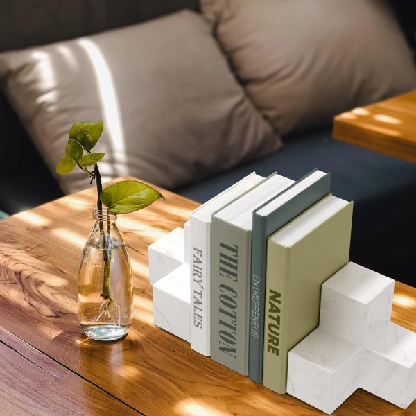 Goodsright Decor Marble Pattern Style White Ceramic Bookends, Decorative Ceramic Book Ends for Shelves, Marble Pattern Style Ceramic Bookshelf Decor, Decorative White Ceramic Book Stoppers, Block Bookends, Set of 2