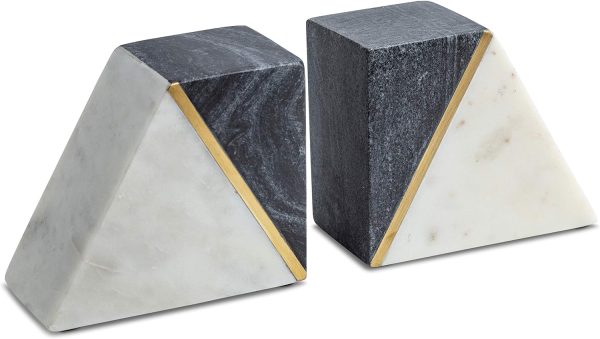 Goodsright Decor Marble Book Ends for Shelves, Decorative Bookends for Heavy Books, Unique Mid Century Modern White and Gold Bookends with Brass Inlay, Heavy Duty Bookshelf Stopper, Set of 2