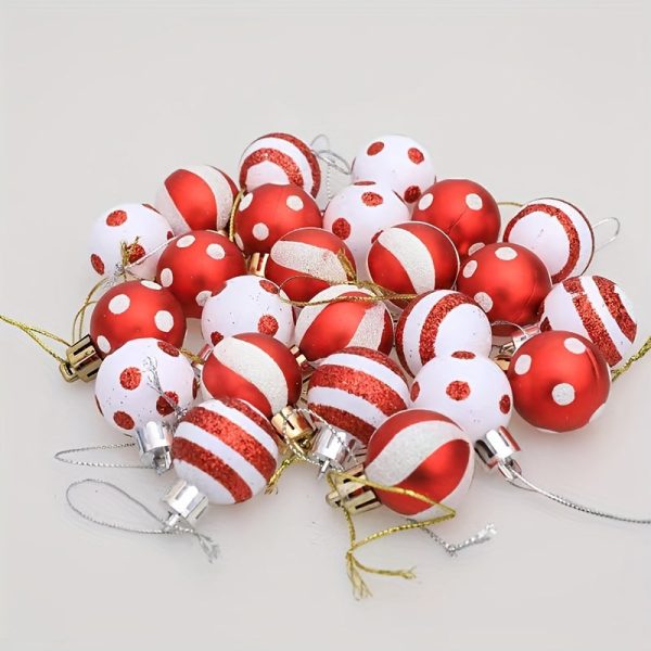 Goodsright Decor 24-Pack Mini Christmas Ornaments, 1.18-Inch Plastic Painted Baubles In Red & White, Holiday Tree Decorations, Festive Hanging Xmas Tree Accessories With Glitter Detail